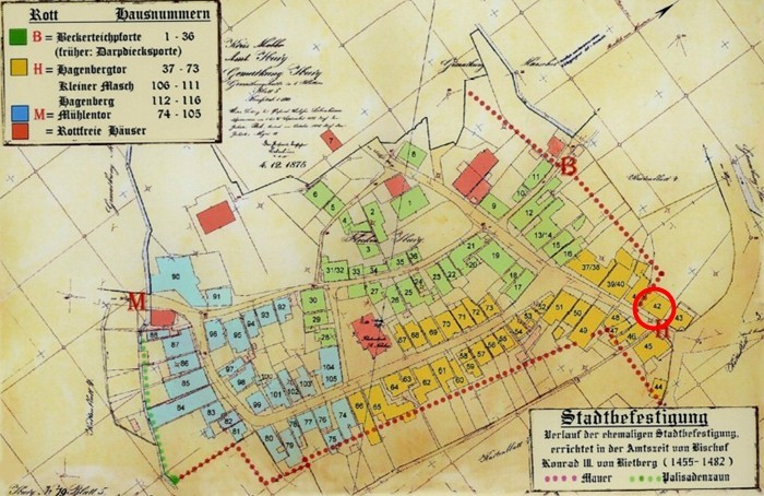 Plan vom 04. Dezember 1875 (rot eingekreist: Haus Nr. 42)