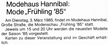 Ankndigung Modenschau 1985