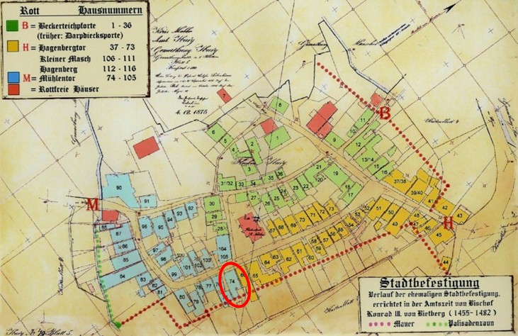 Plan vom 04. Dezember 1875 (rot eingekreist: Haus Nr. 74)