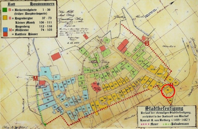 Plan vom 04. Dezember 1875 (rot eingekreist: Haus Nr. 45)