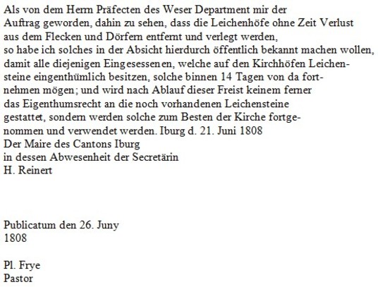 Verkndung vom Pastor Placidus Frye zum Entfernen der Grabsteine vom 26. Juni 1808 