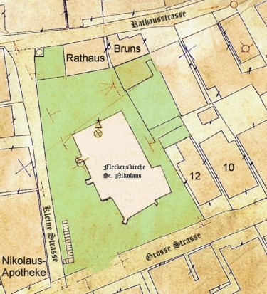 Plan von 1875 - mittig die Fleckenskirche