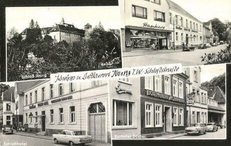 Ansichtskarte mit Ansichten der Schlostrae (mittig unten rechts: Gasthaus Dster)