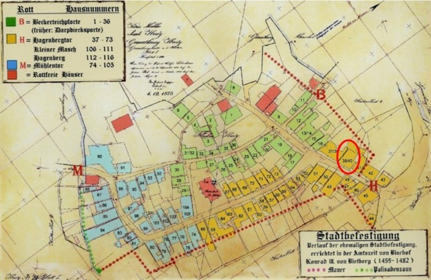 Plan vom 04. Dezember 1875 (rot eingekreist: Haus Nr. 39/40)