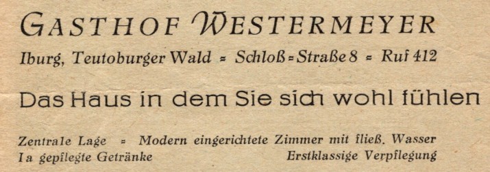 Werbung im Unterkunftsverzeichnis 1952 des Luftkurortes Iburg T.W.