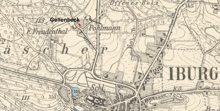 Hof Gellenbeck (rot) auf dem Meßtischblatt 3814 (Iburg)