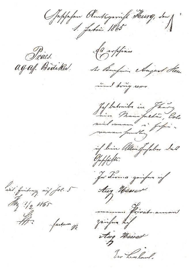 Eintragung der Fa. "Aug. Heuer" vom 1. Februar 1865 beim Amtsgericht Iburg