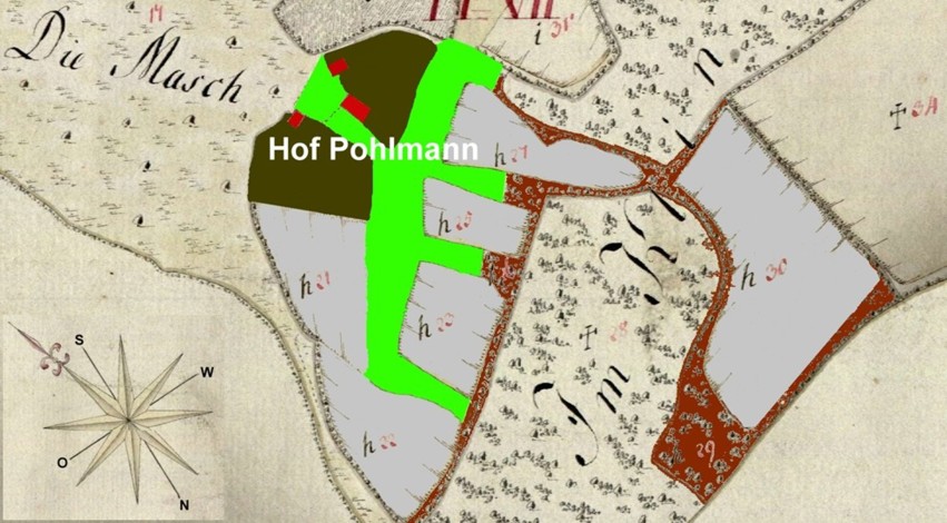 Detailkarte mit den Besitzungen des Hofes Pohlmann (h)