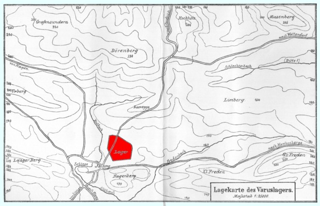 Lagekarte des Varuslagers in Iburg nach Knoke, 1900
