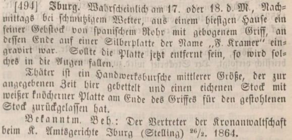 Diebstahl eines Gehstockes aus dem Gografenhof im Februar 1864