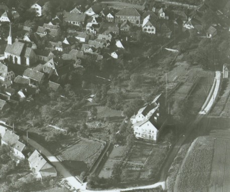 Luftbild vom 18. März 1930 mit dem Franziskus-Hospital (Gebäude rechts unten)