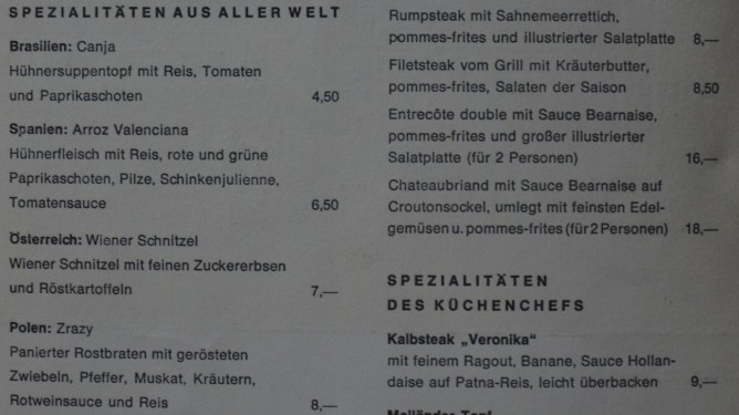 Auszug aus der 1. Speisekarte des Kurhauses, 1967