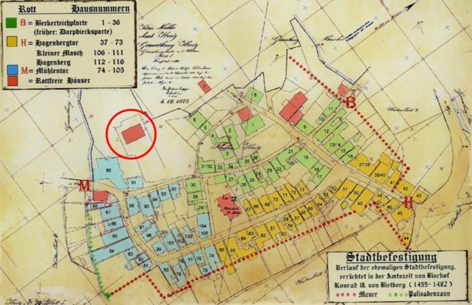 Plan vom 04. Dezember 1875 (rot eingekreist: Haus Lamby)