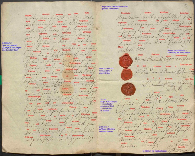 Letzte Seite des Testamentes von Sebastian Lamby mit Transkription (rote und blaue Schrift)