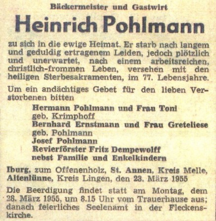 Todesanzeige von Heinrich Pohlmann aus dem Jahr 1955