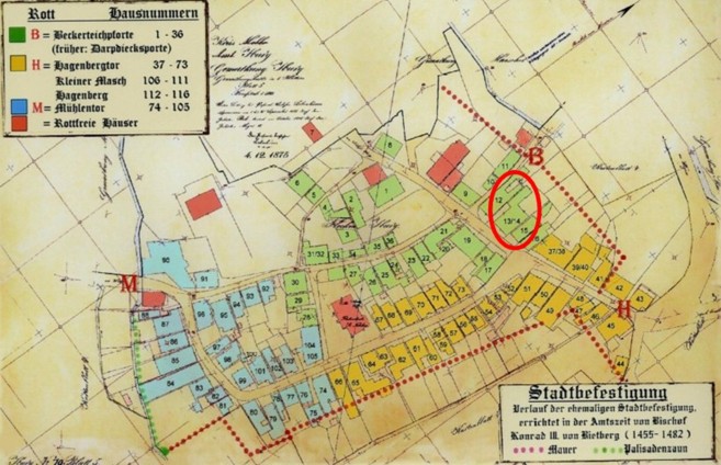 Plan vom 04. Dezember 1875 (rot eingekreist: Haus Nr. 13/14)