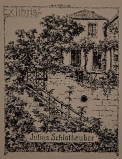 Exlibris "Blick vom Garten auf die Apotheke" von Julius Schlotheuber