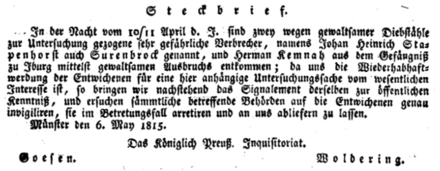 Steckbrief zu Johann Heinrich Stapenhorst und Hermann Heinrich Kemnah, unterzeichnet von Goesen ("Criminal-Director") und Woldering ("1. Registrator")