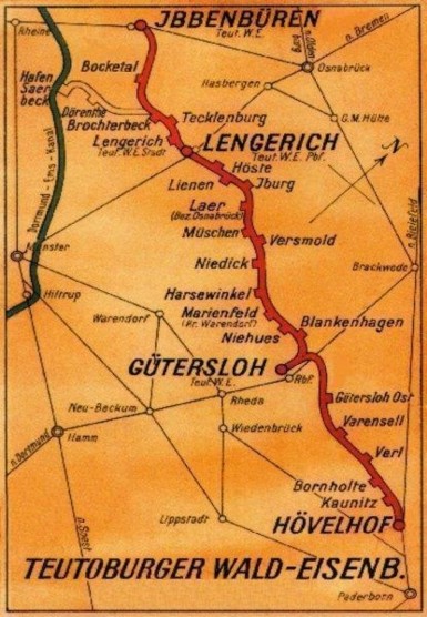 Streckenkarte der Teutoburger Wald-Eisenbahn, um 1925