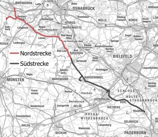 Streckenkarte mit der Nordstrecke (im Eigentum der Lappwaldbahn Service GmbH) und der Südstrecke (unter Captrain-Federführung)