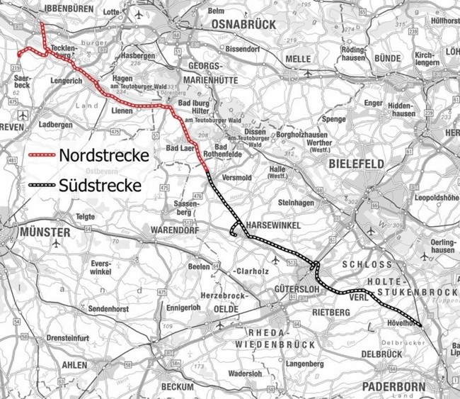 Streckenkarte mit der Nordstrecke (im Eigentum der Lappwaldbahn Service GmbH) und der Sdstrecke (unter Captrain-Federfhrung)