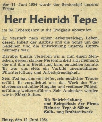 Todesanzeige Heinrich Tepe