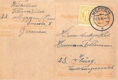 Postkarte von Wilhelm Petermller an Herrn Amtsgerichtsrat Hermann Pohlmann