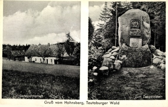 Ansichtskarte der Gastwirtschaft "Zum Zeppelinstein" (links) sowie der Zeppelinstein (rechts)